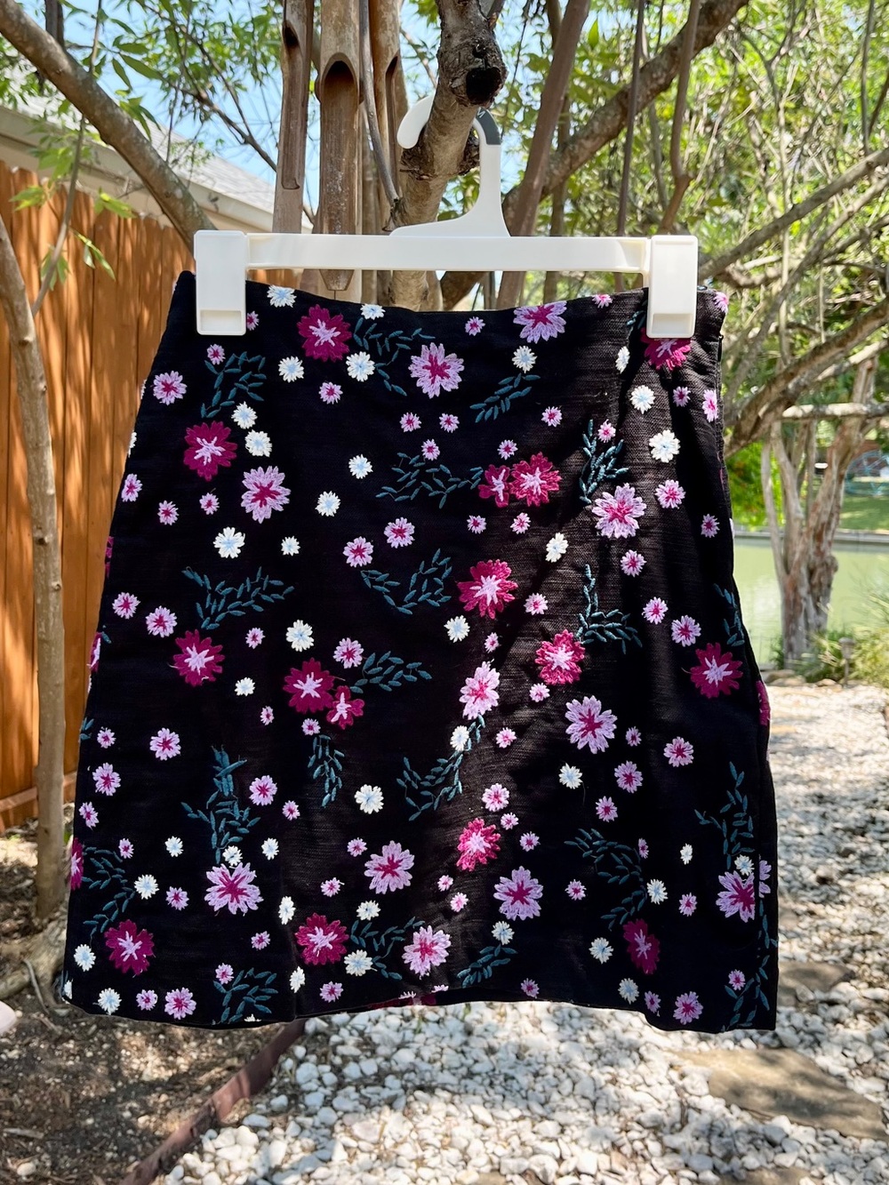 LOFT Black Mini Skirt with Pink & White Floral Embroidery